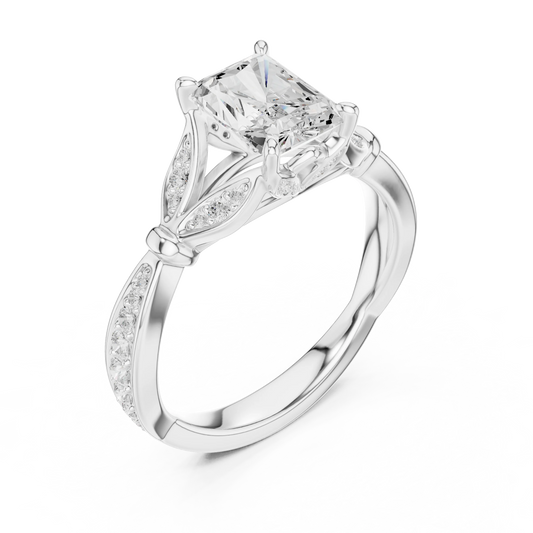 Front view of white gold radiant solitaire ring with floral milgrain pave band and lab-grown diamond – Australia