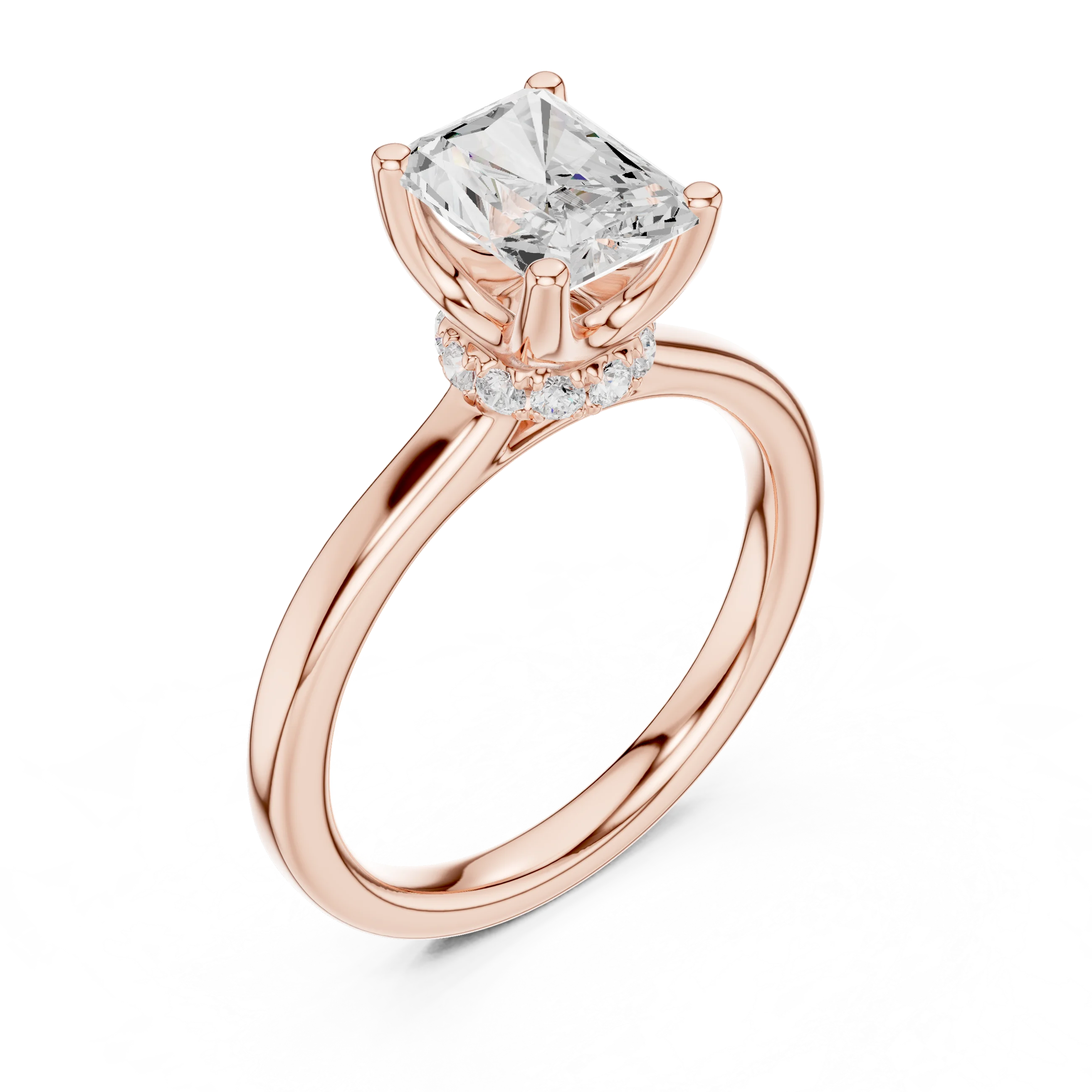 Front angled view of rose gold radiant cut solitaire ring with hidden halo and domed band showing both front details