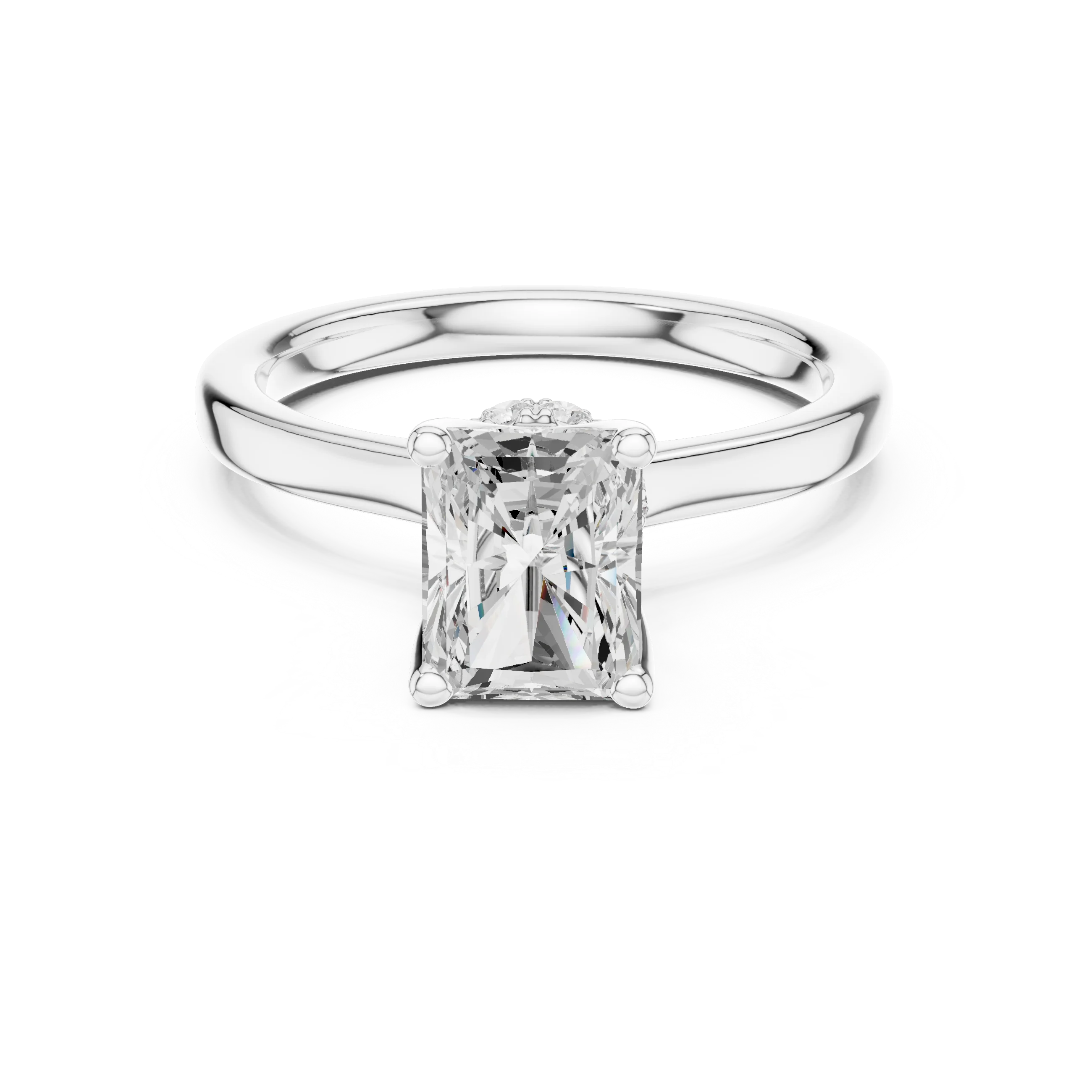 White gold radiant cut solitaire ring with hidden halo and domed band featuring lab-grown diamond, elegant design