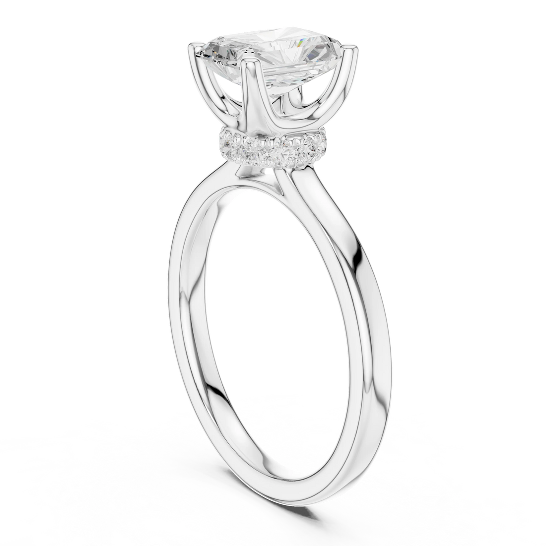 Back view of white gold radiant cut solitaire ring showing hidden halo and domed band details