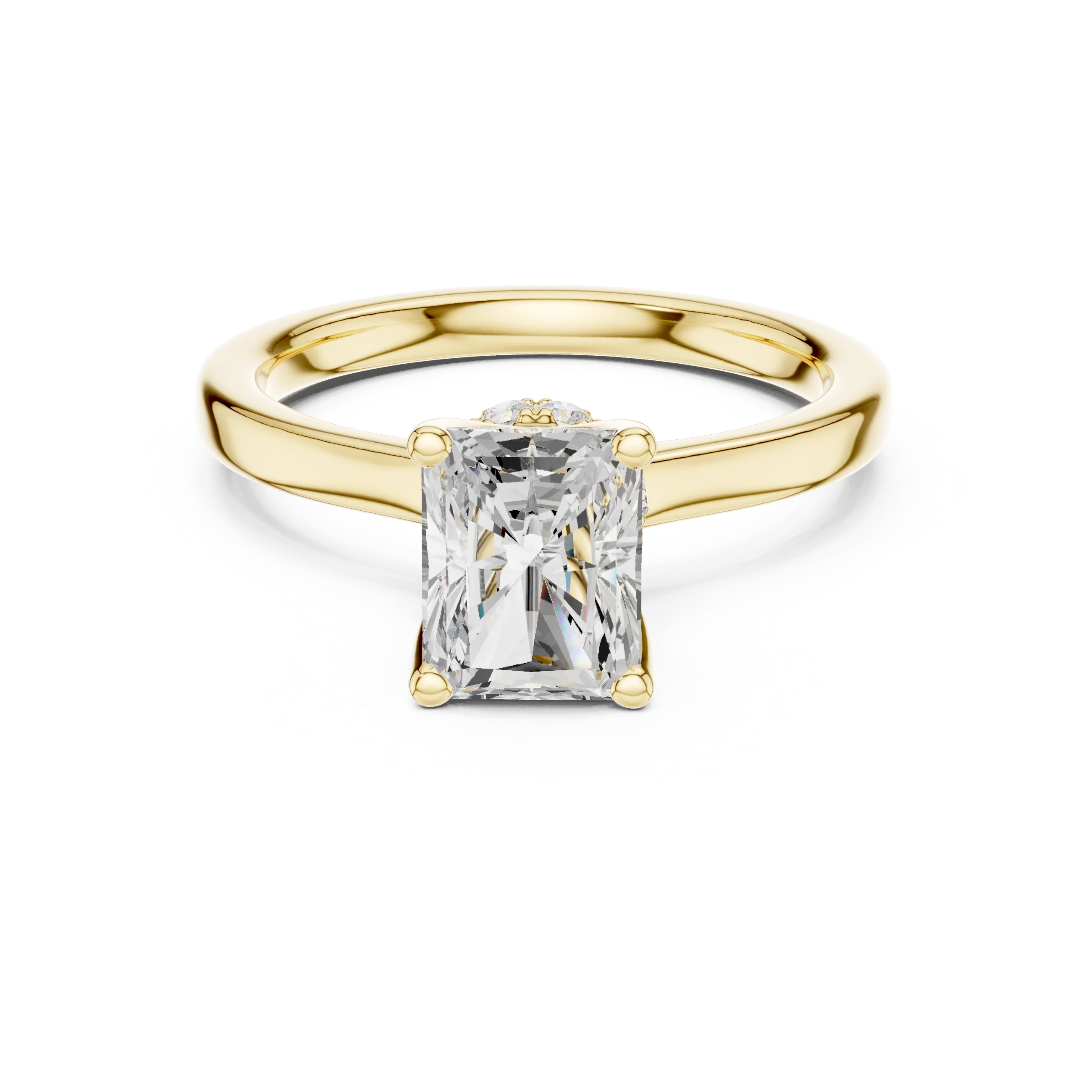 Yellow gold radiant cut solitaire ring with hidden halo and domed band featuring lab-grown diamond, classic style