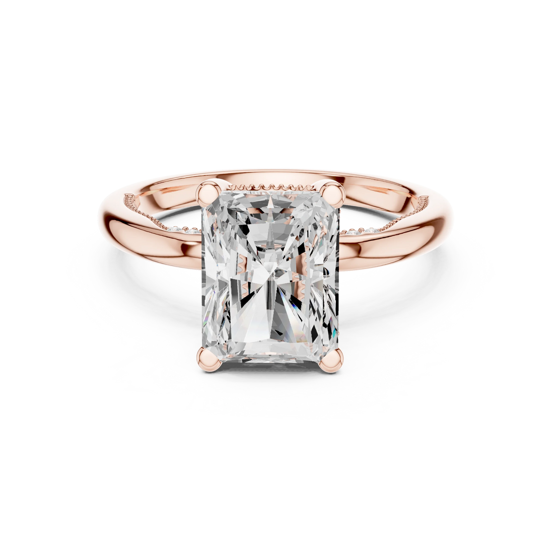 Rose gold radiant cut solitaire ring with hidden halo and domed band featuring lab-grown diamond, modern look