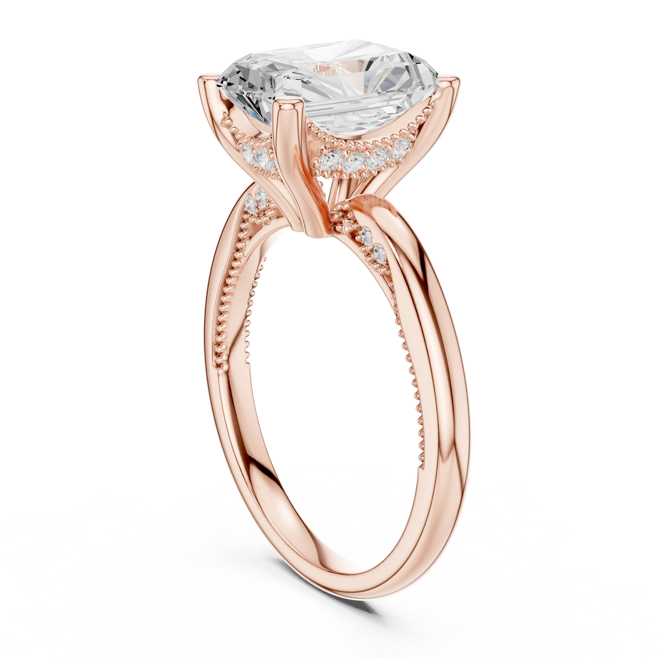 Back side view of rose gold radiant cut solitaire ring showing hidden halo and domed band structure