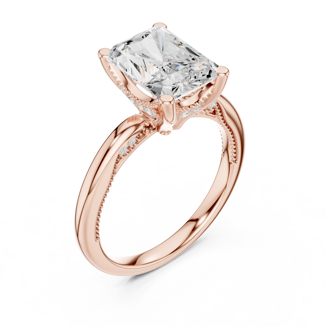 Front view of rose gold radiant cut solitaire ring with hidden halo and domed band and lab-created diamond