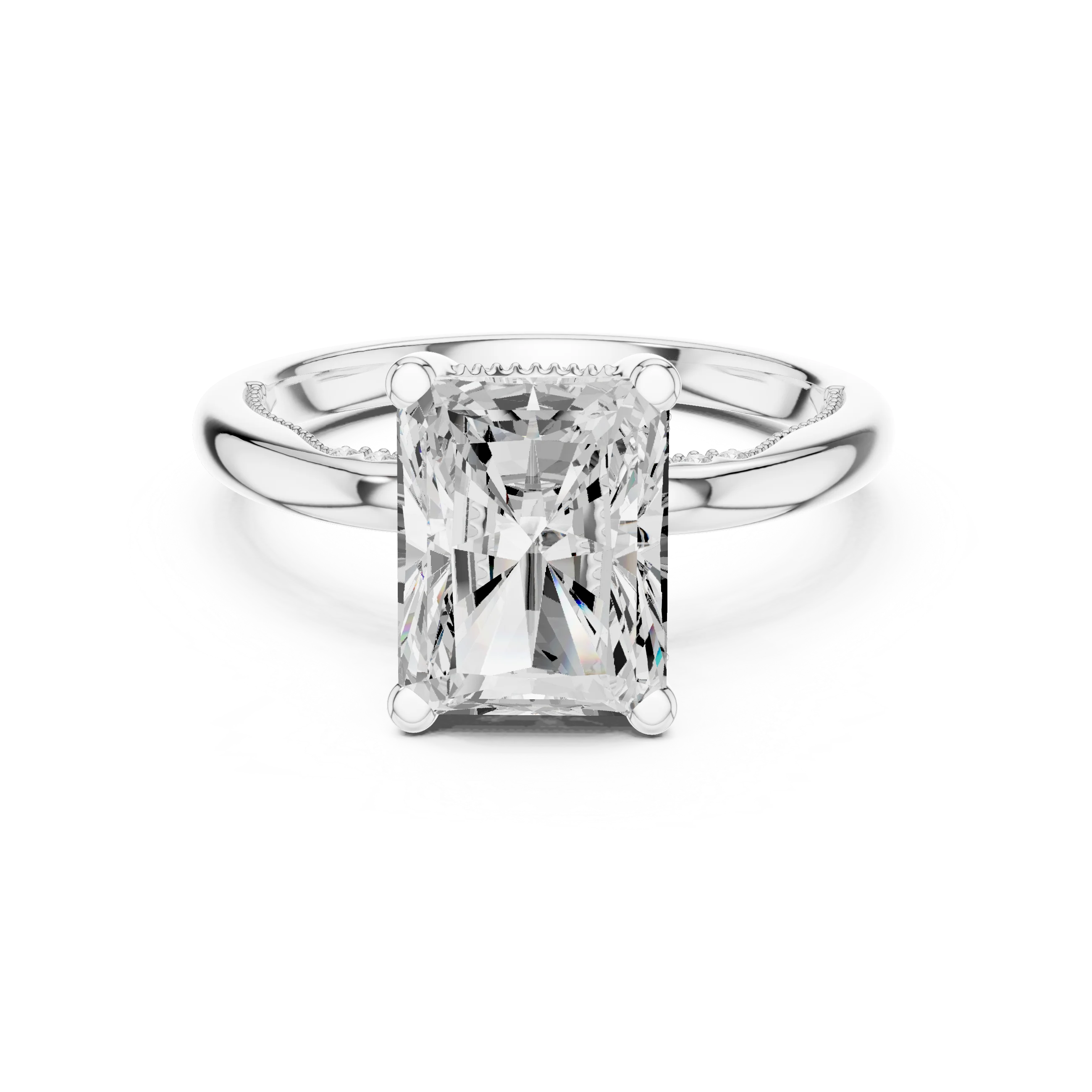 White gold radiant cut solitaire ring with hidden halo and domed band featuring lab-grown diamond, elegant design