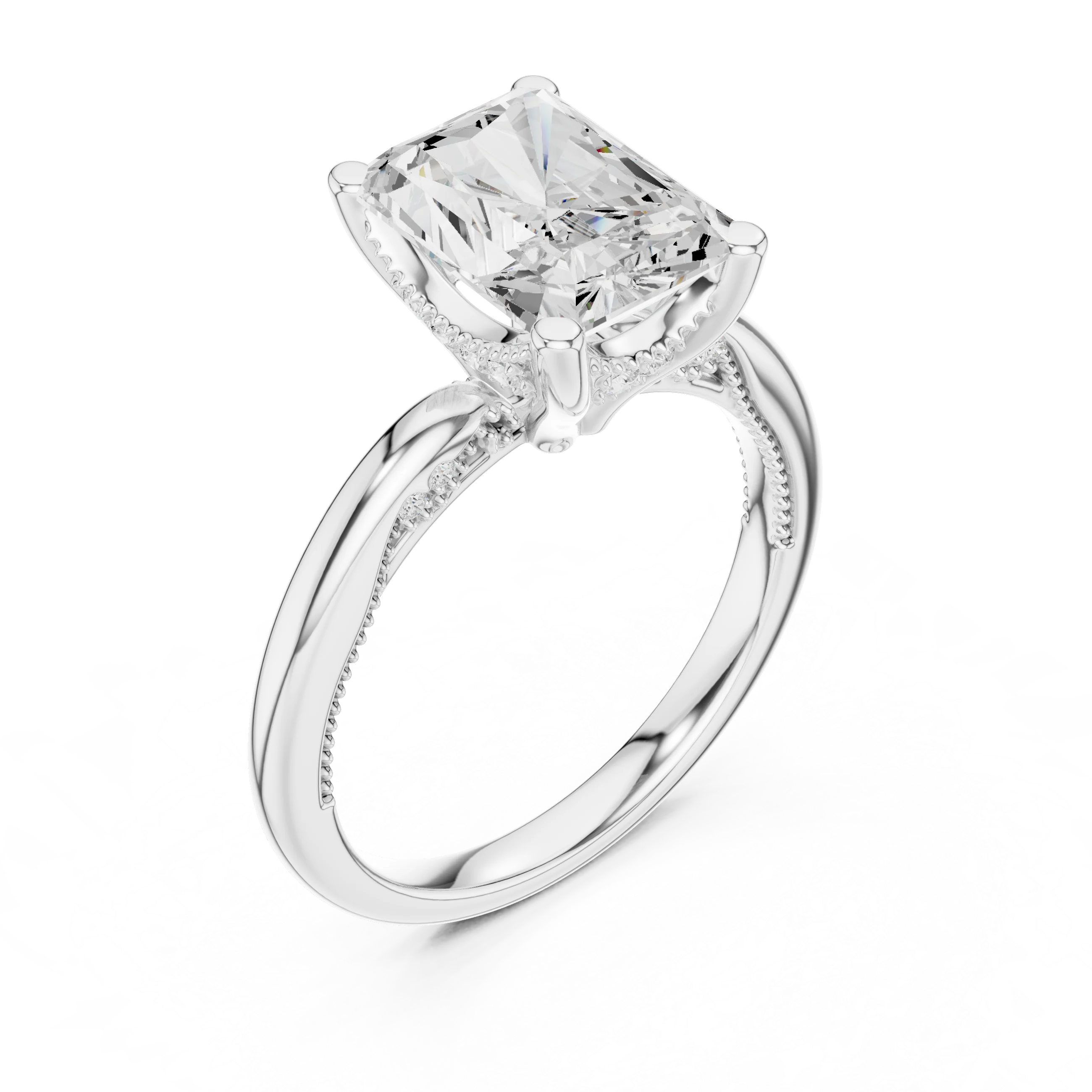 Front view of white gold radiant cut solitaire ring with hidden halo and domed band and lab-created diamond