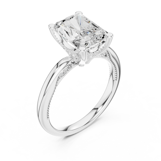 Front view of white gold radiant cut solitaire ring with hidden halo and domed band and lab-created diamond