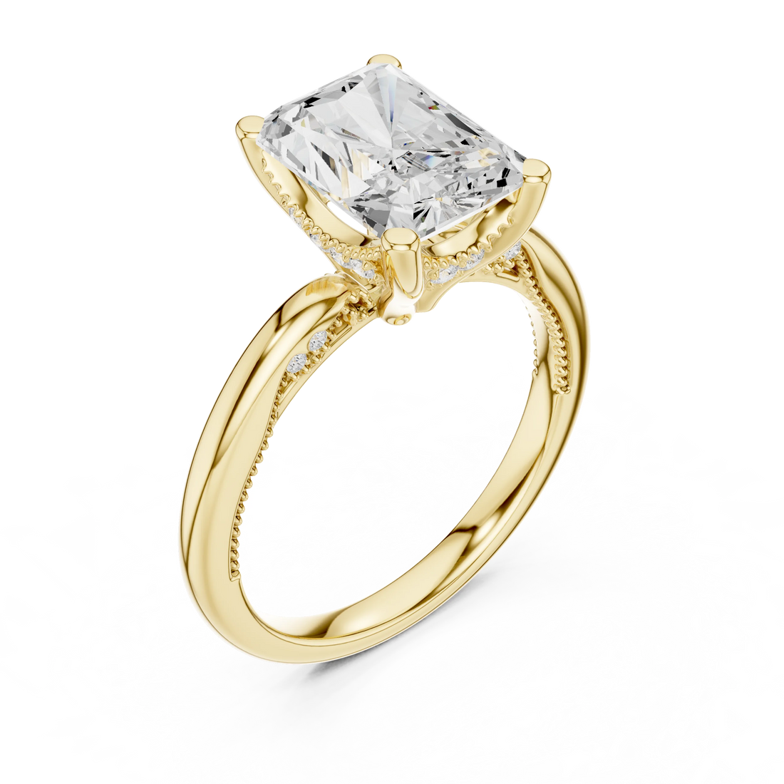 Front view of yellow gold radiant cut solitaire ring with hidden halo and domed band and lab-created diamond