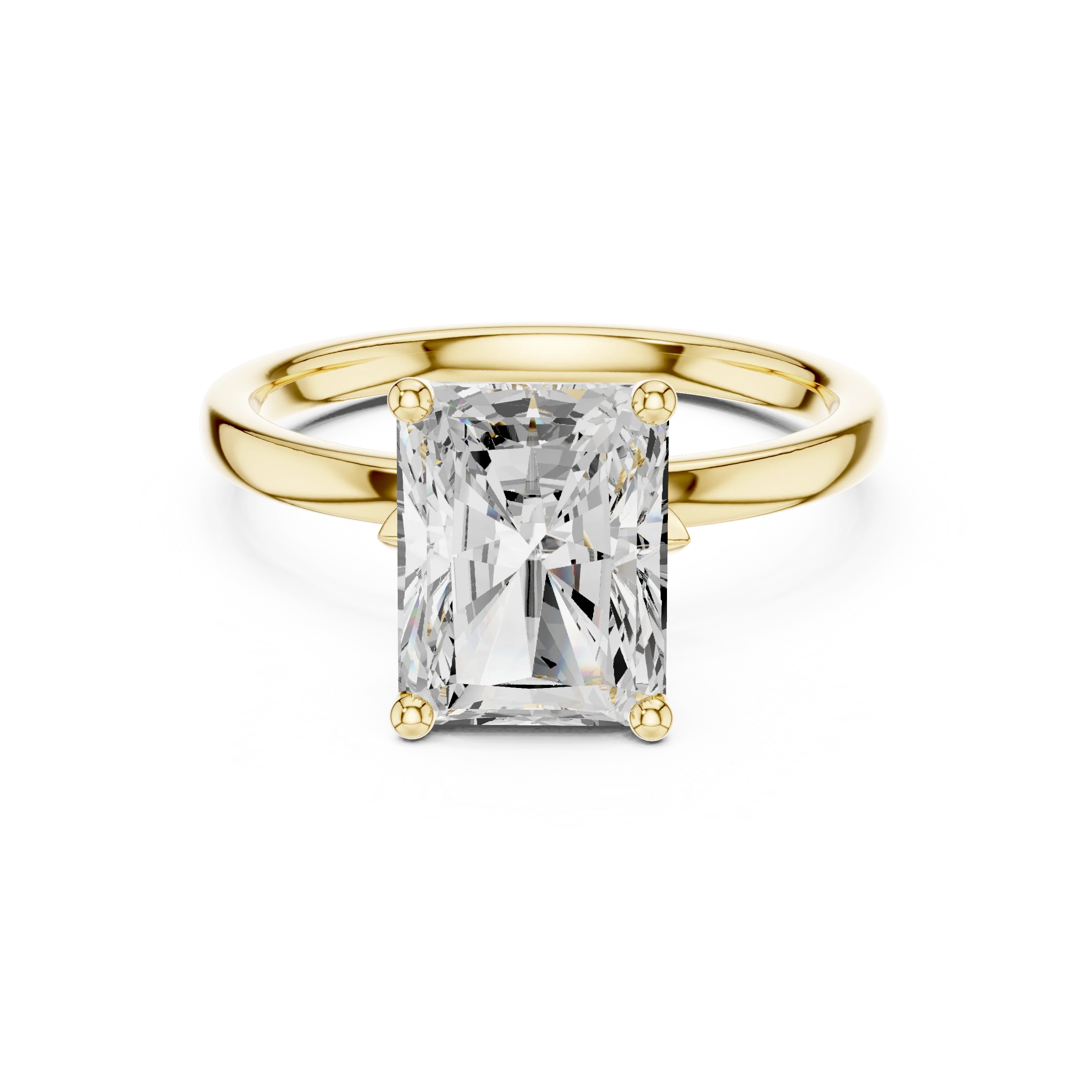 Lab-grown radiant cut solitaire ring in yellow gold with smooth domed band