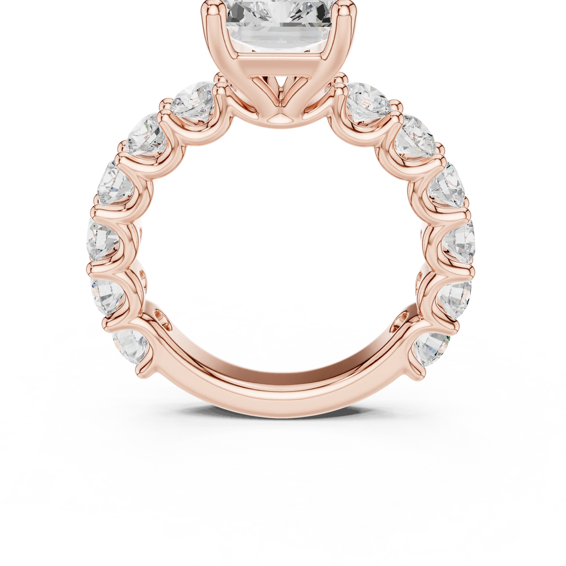 Front view of rose gold radiant cut solitaire ring with shared prong large stone band and center stone