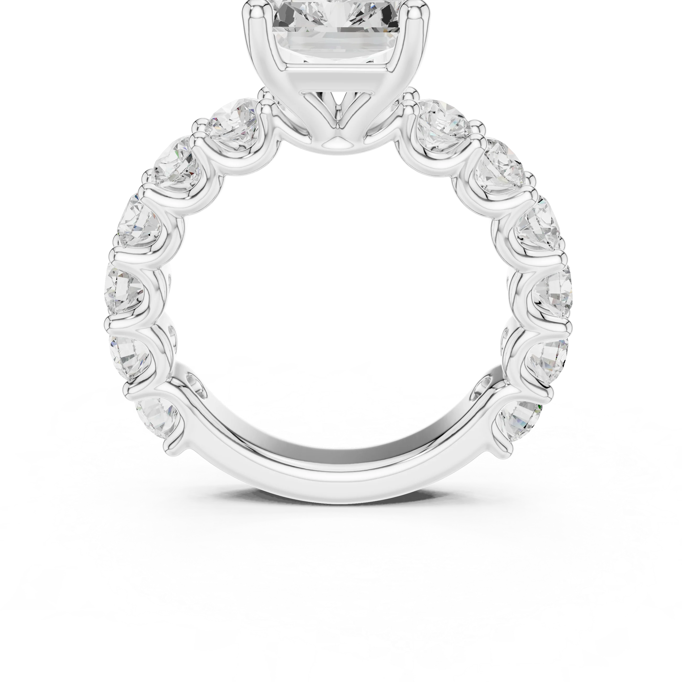 Lab-grown radiant cut solitaire ring in white gold with shared prong large stone band