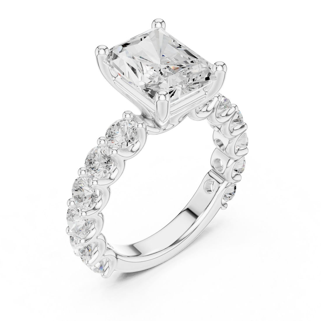 Back side view of white gold radiant cut solitaire ring with shared prong large stone band and setting details