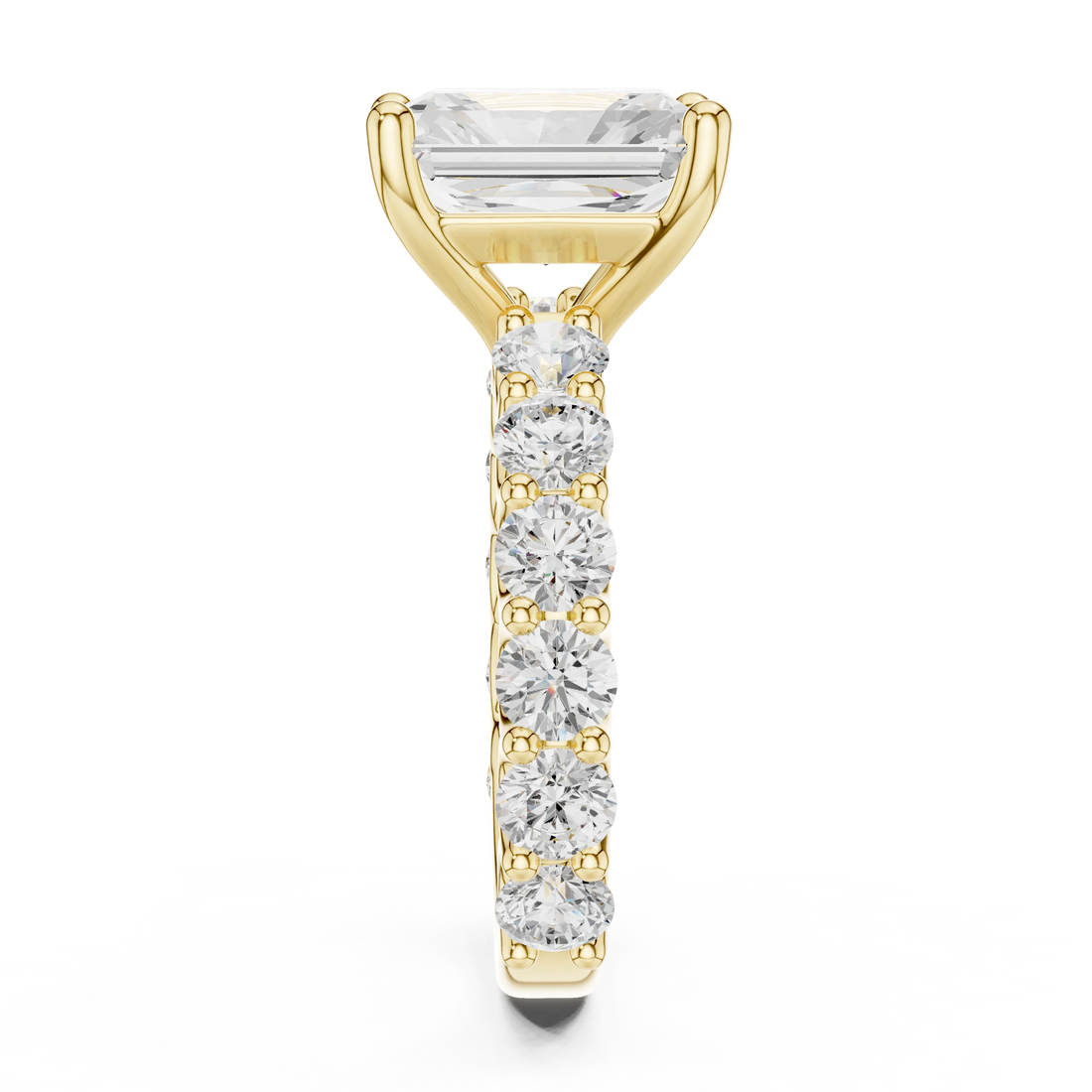 Lab-grown radiant cut solitaire ring in rose gold with shared prong large stone band