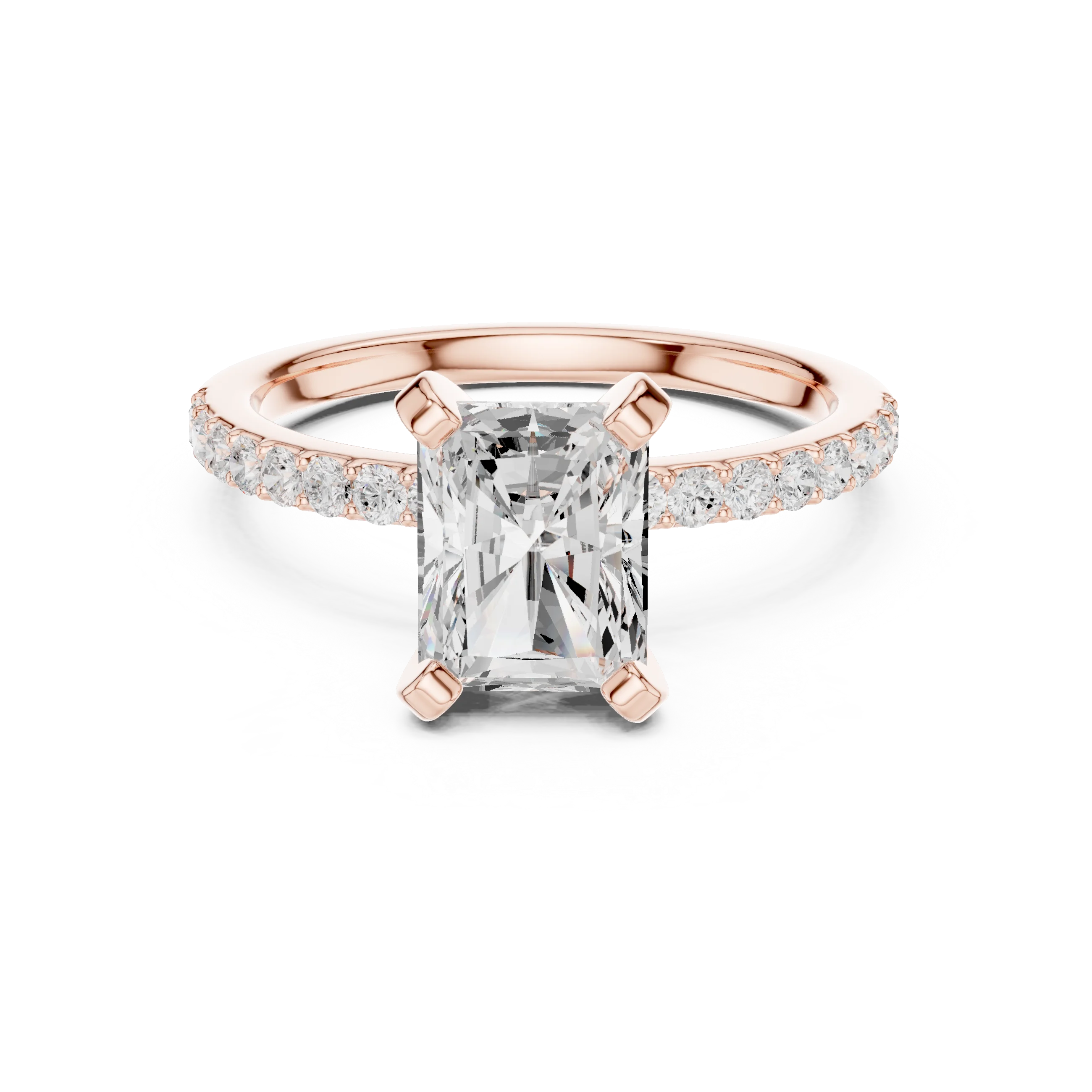 Lab-grown radiant solitaire diamond ring in rose gold with thin pavé band