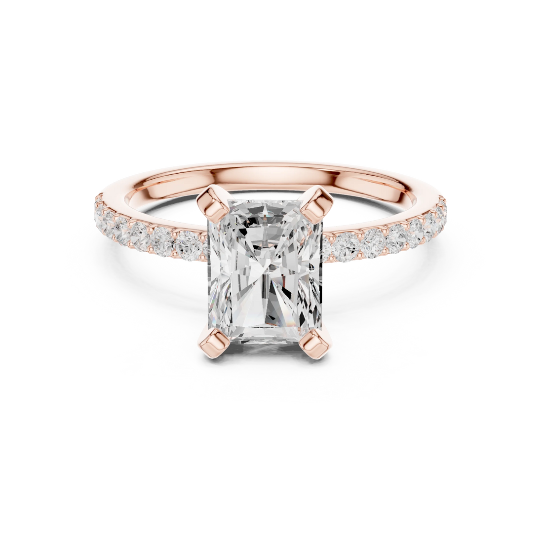Lab-grown radiant solitaire diamond ring in rose gold with thin pavé band