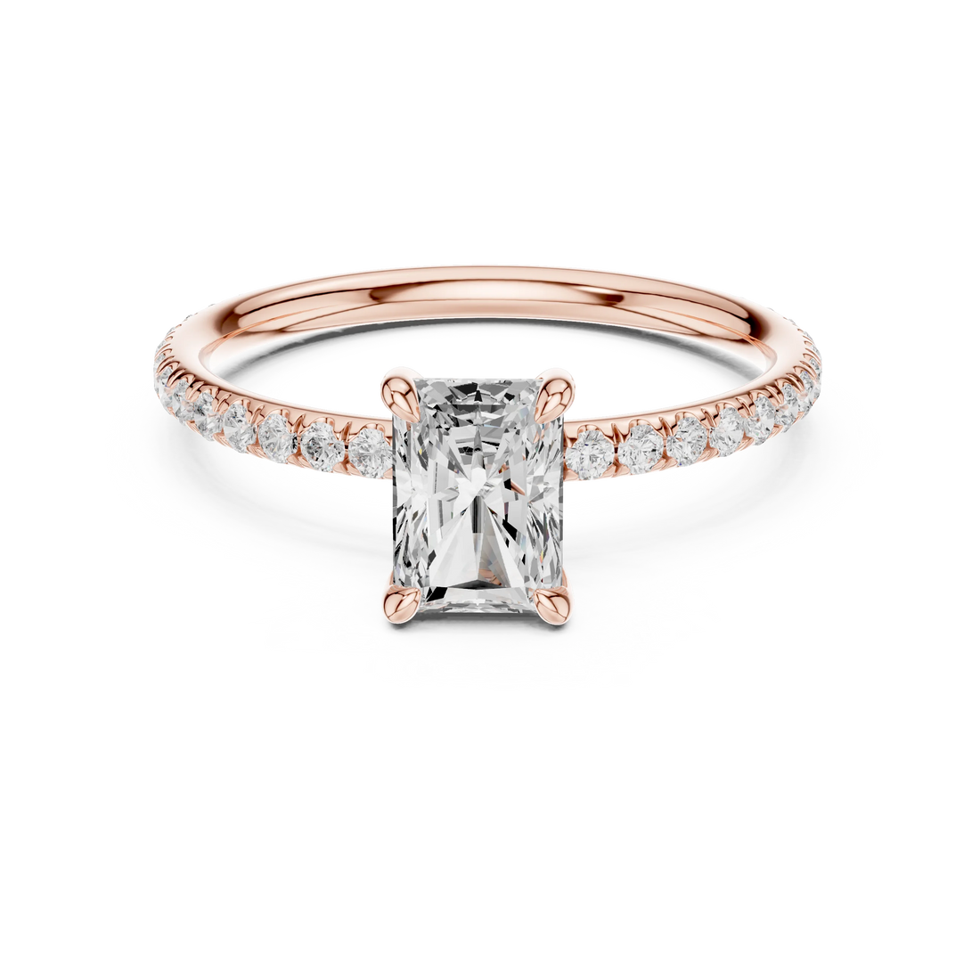 Lab-grown radiant cut solitaire ring in rose gold with thin pavé diamond band