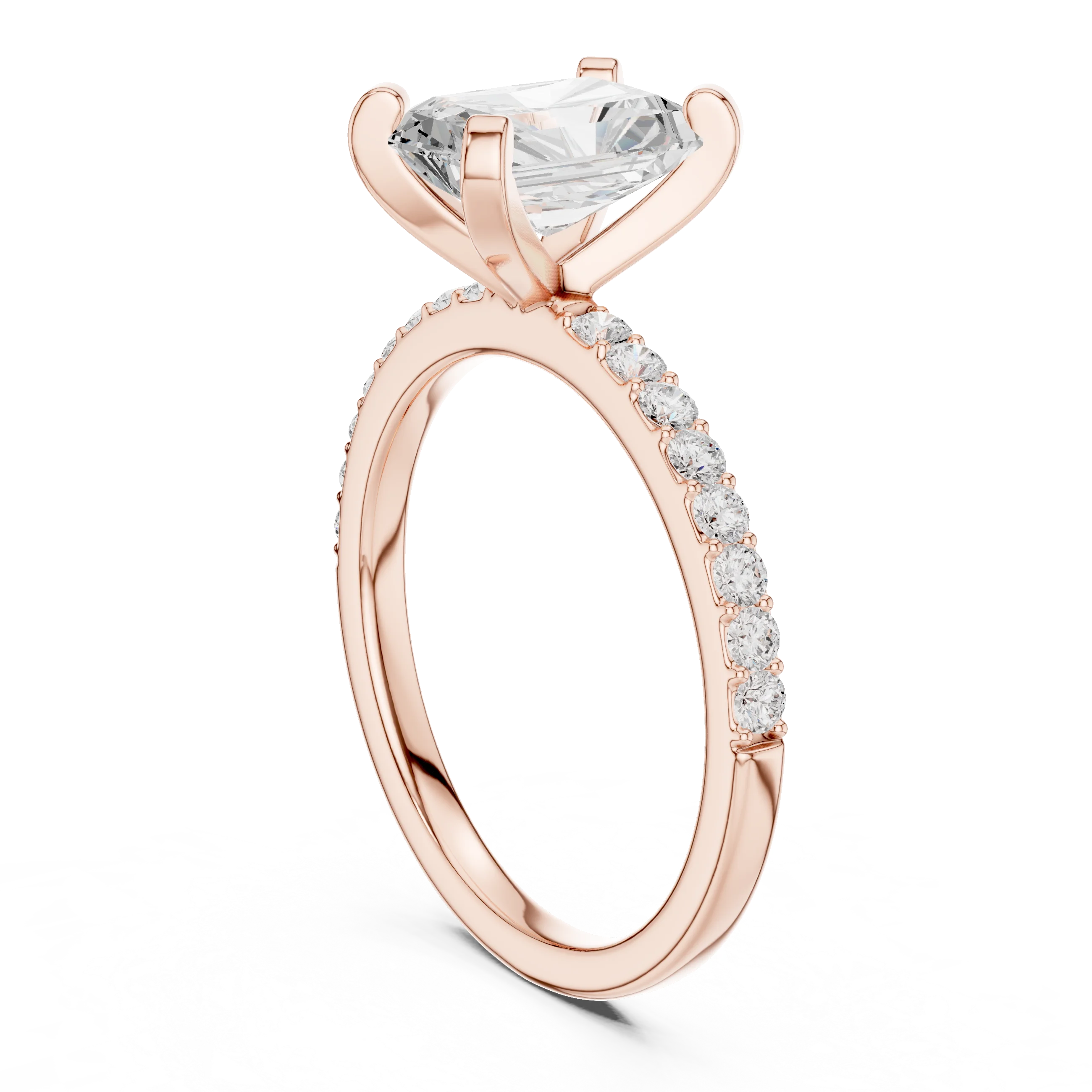 Back side view of rose gold radiant solitaire ring showing thin pavé band and setting details