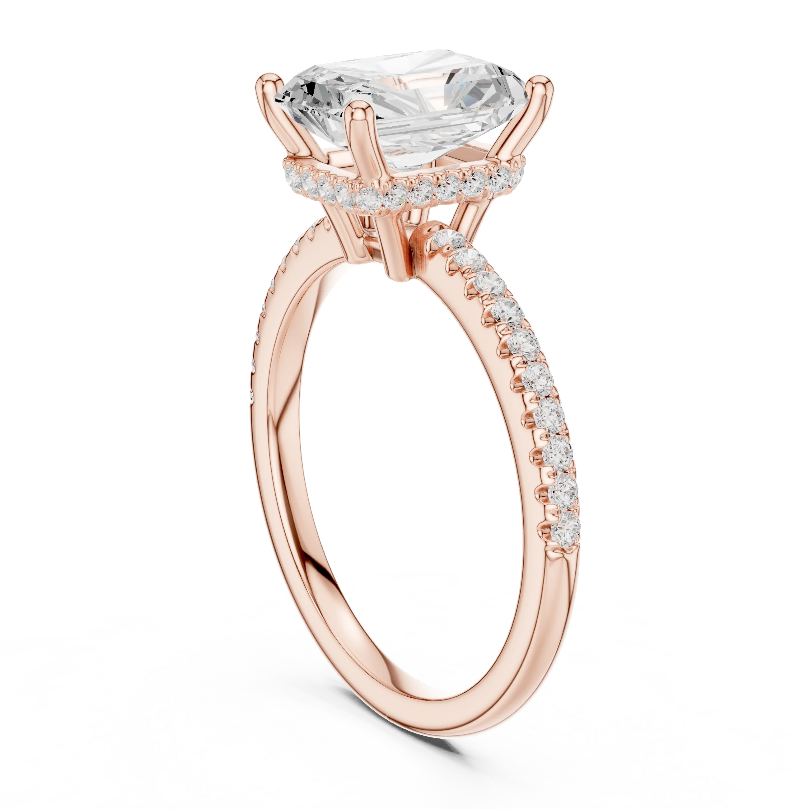 Back side view of rose gold radiant solitaire ring with thin pave band and lab-grown diamond – Australia