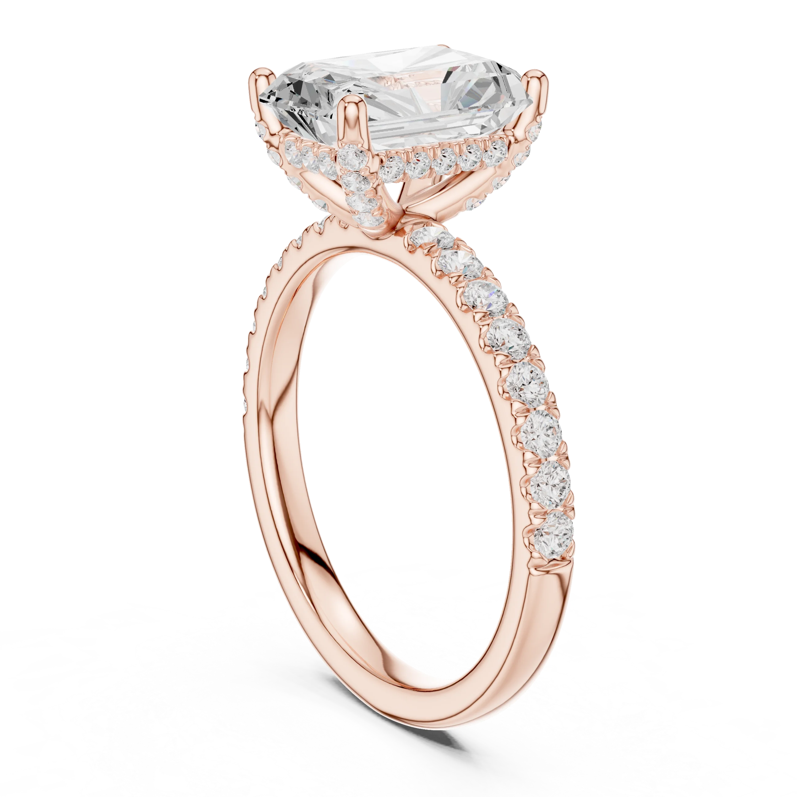 Back side view of rose gold radiant solitaire ring with thin pave band and lab-grown diamond – Australia