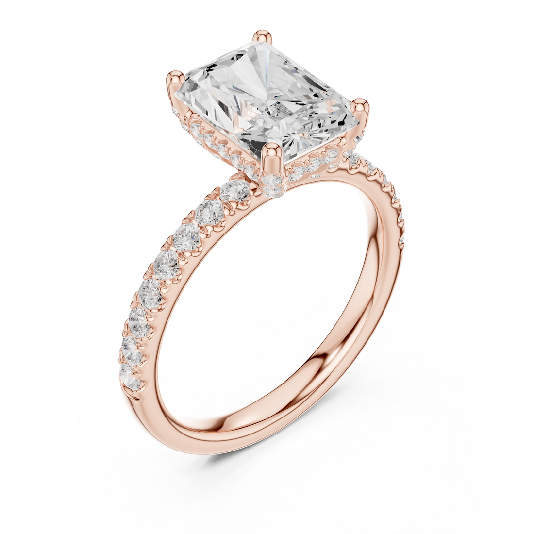 Front view of rose gold radiant solitaire ring with thin pave band and lab-grown diamond – Australia