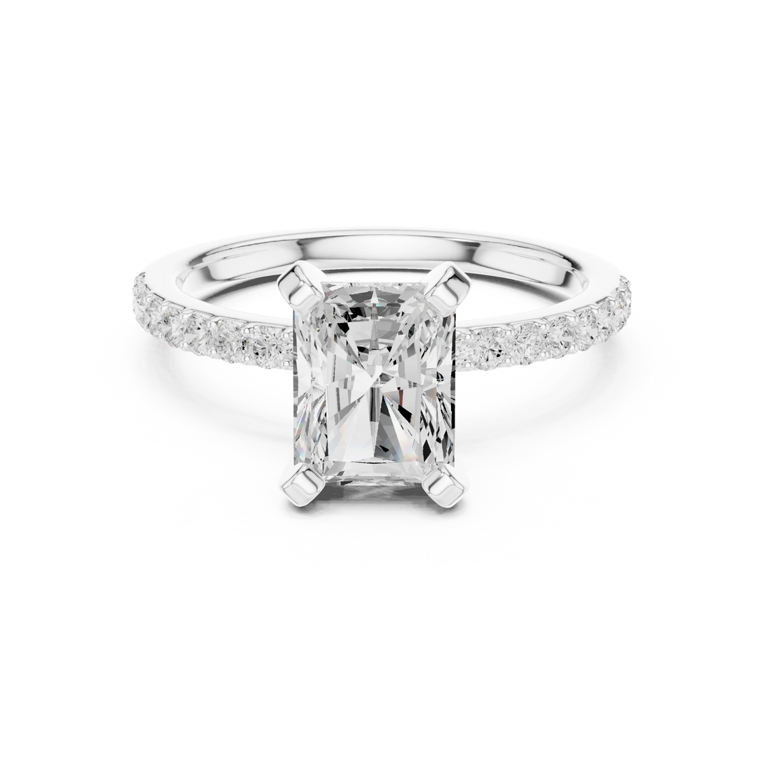 Lab-grown radiant solitaire diamond ring in white gold with thin pavé band