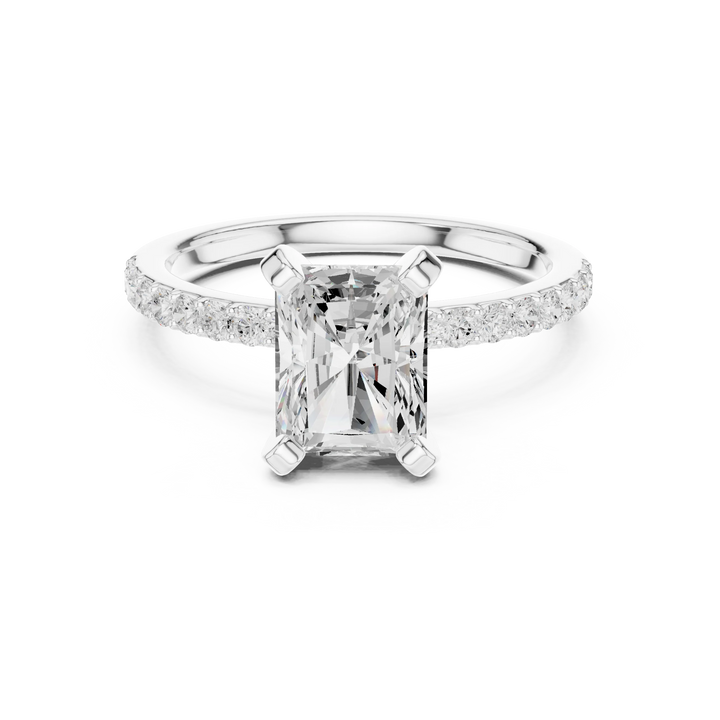 Lab-grown radiant solitaire diamond ring in white gold with thin pavé band
