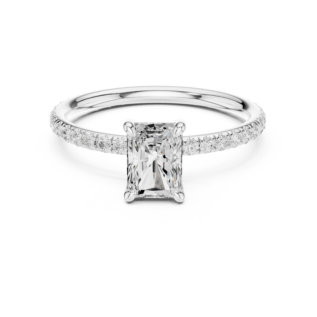 Lab-grown radiant cut solitaire ring in white gold with thin pavé diamond band