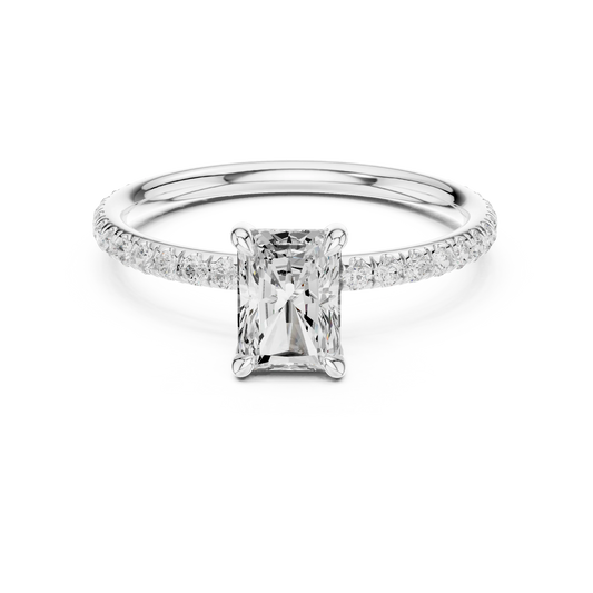 Lab-grown radiant cut solitaire ring in white gold with thin pavé diamond band