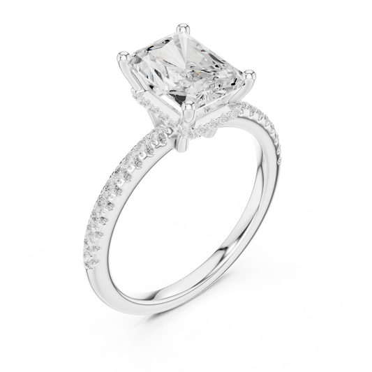 Front view of white gold radiant solitaire ring with thin pave band and lab-grown diamond – Australia