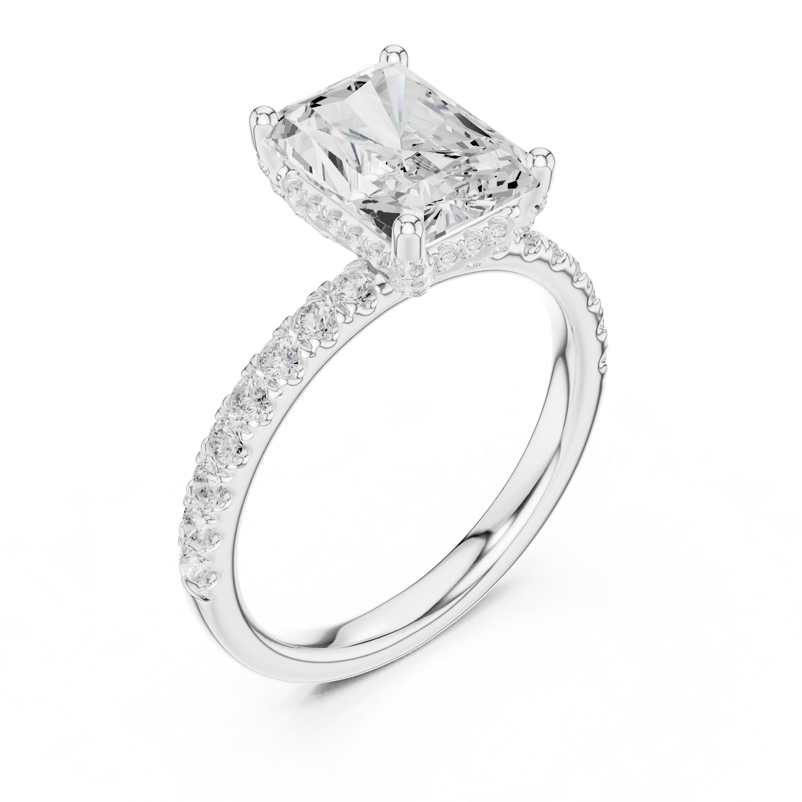 Front view of white gold radiant solitaire ring with thin pave band and lab-grown diamond – Australia
