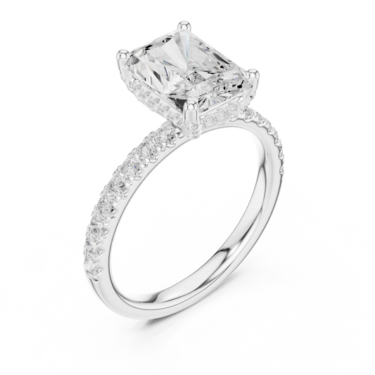 Front view of white gold radiant solitaire ring with thin pave band and lab-grown diamond – Australia