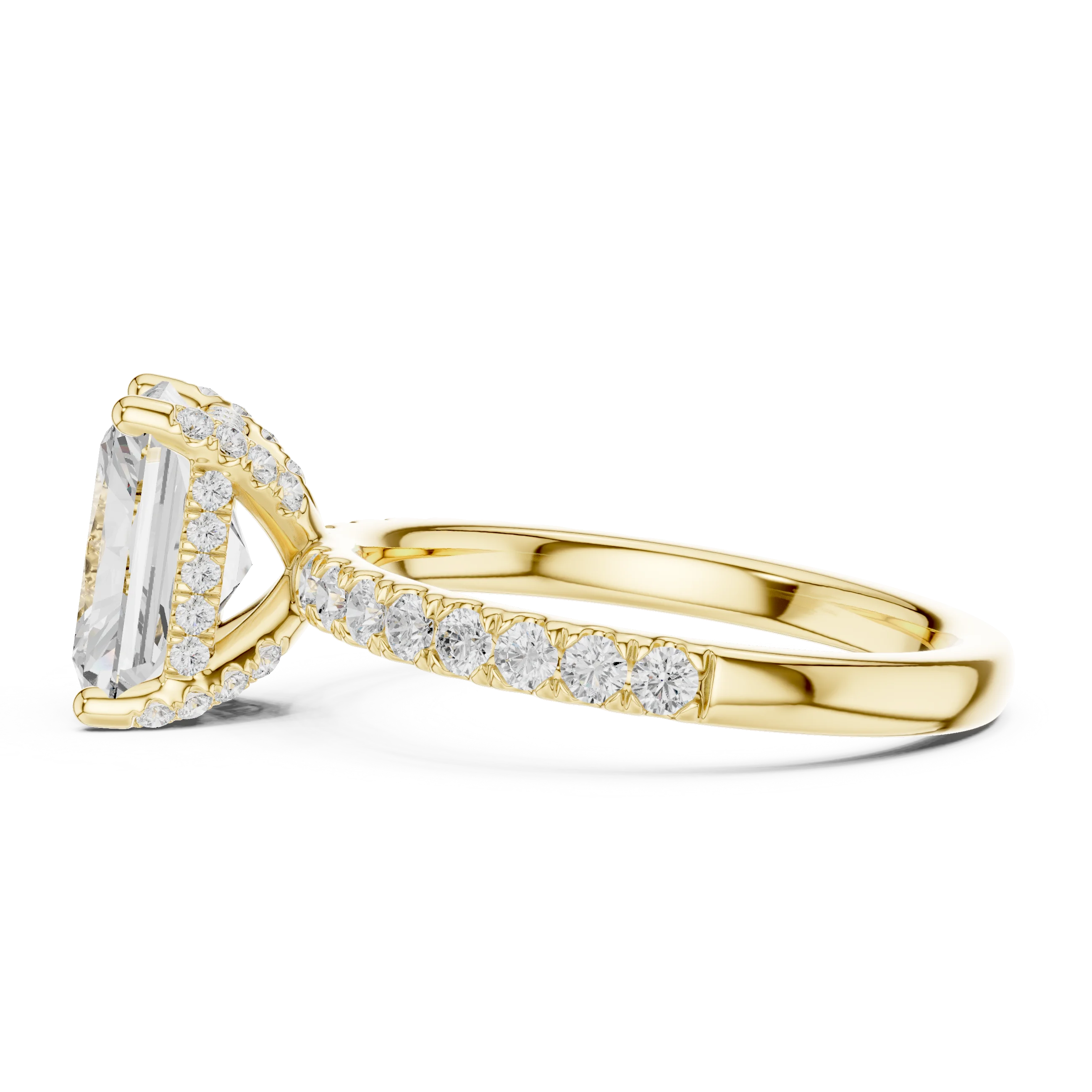Side view of white gold radiant solitaire ring with thin pave band and lab-grown diamond – Australia