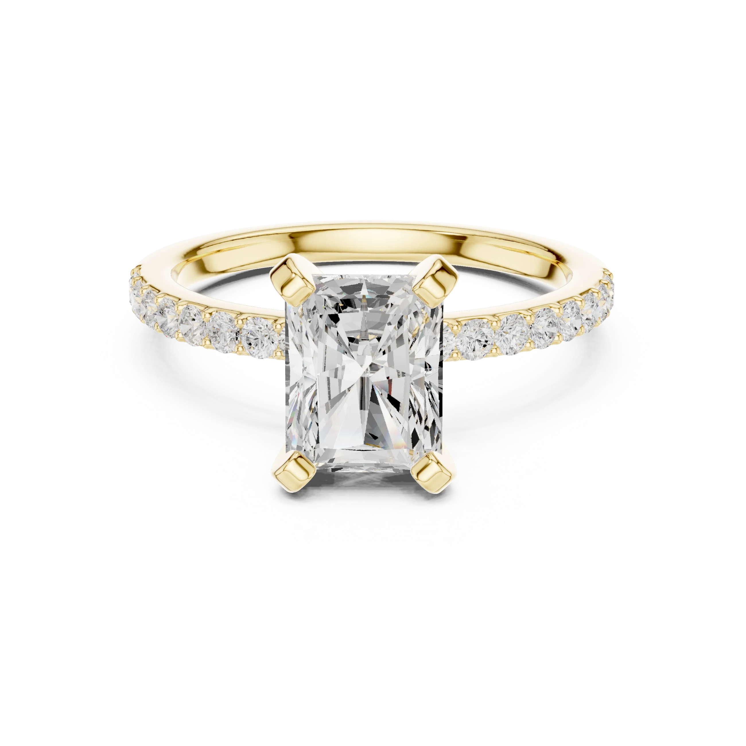 Lab-grown radiant solitaire diamond ring in yellow gold with thin pavé band