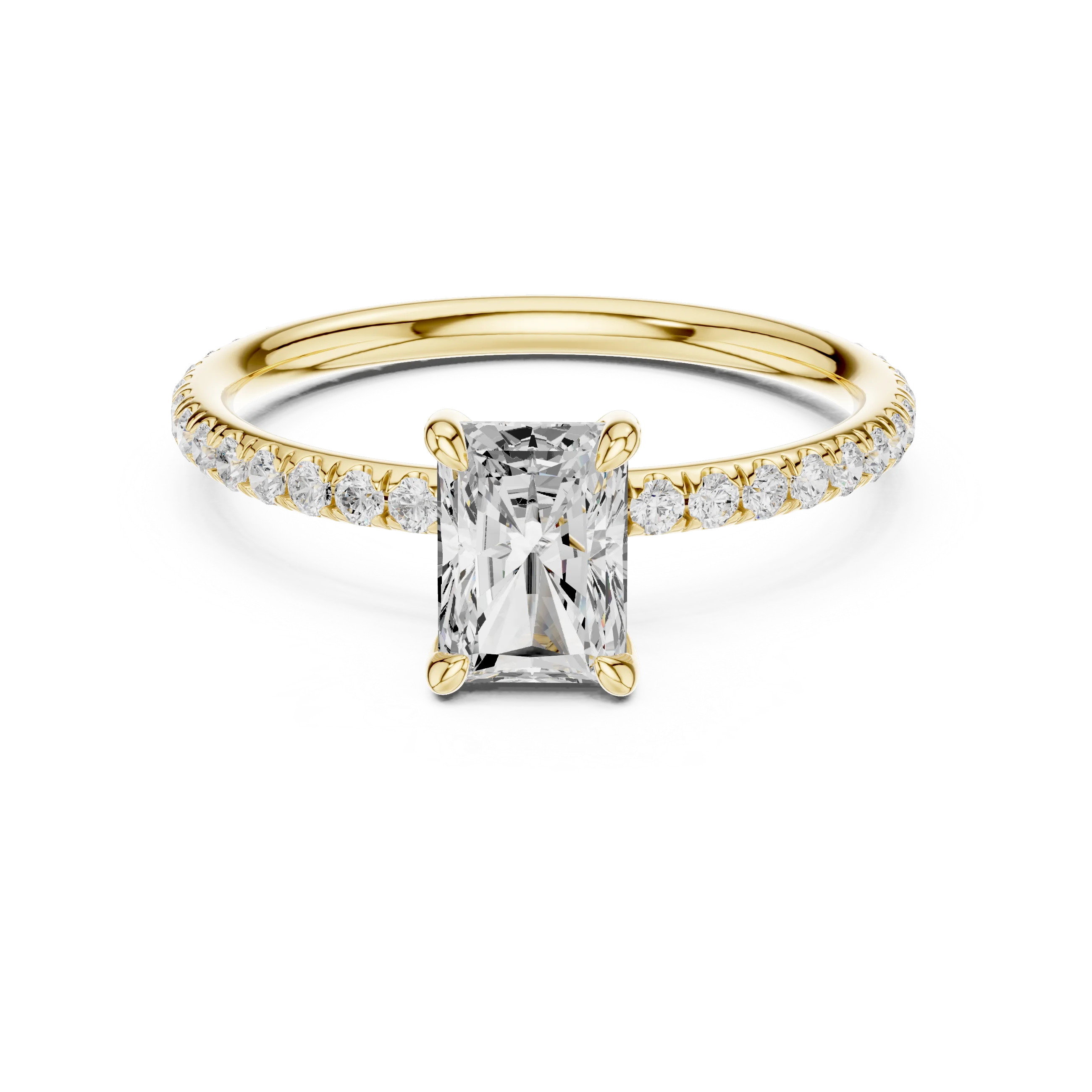Lab-grown radiant cut solitaire ring in yellow gold with thin pavé diamond band