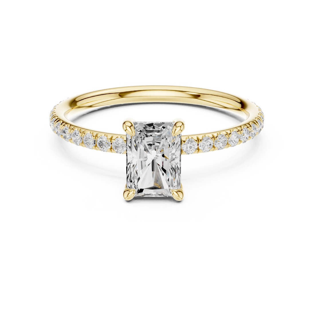 Lab-grown radiant cut solitaire ring in yellow gold with thin pavé diamond band