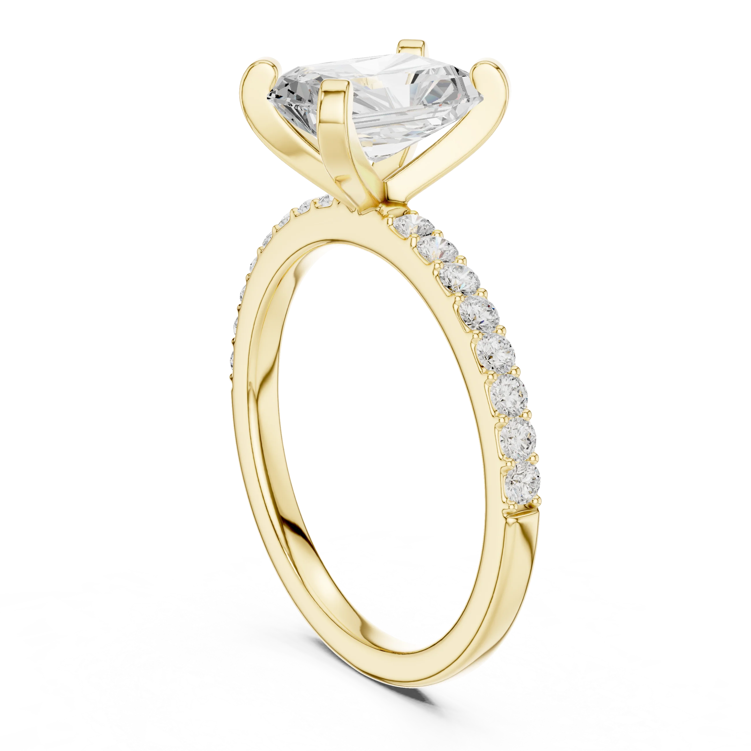 Back side view of yellow gold radiant solitaire ring showing thin pavé band and setting structure
