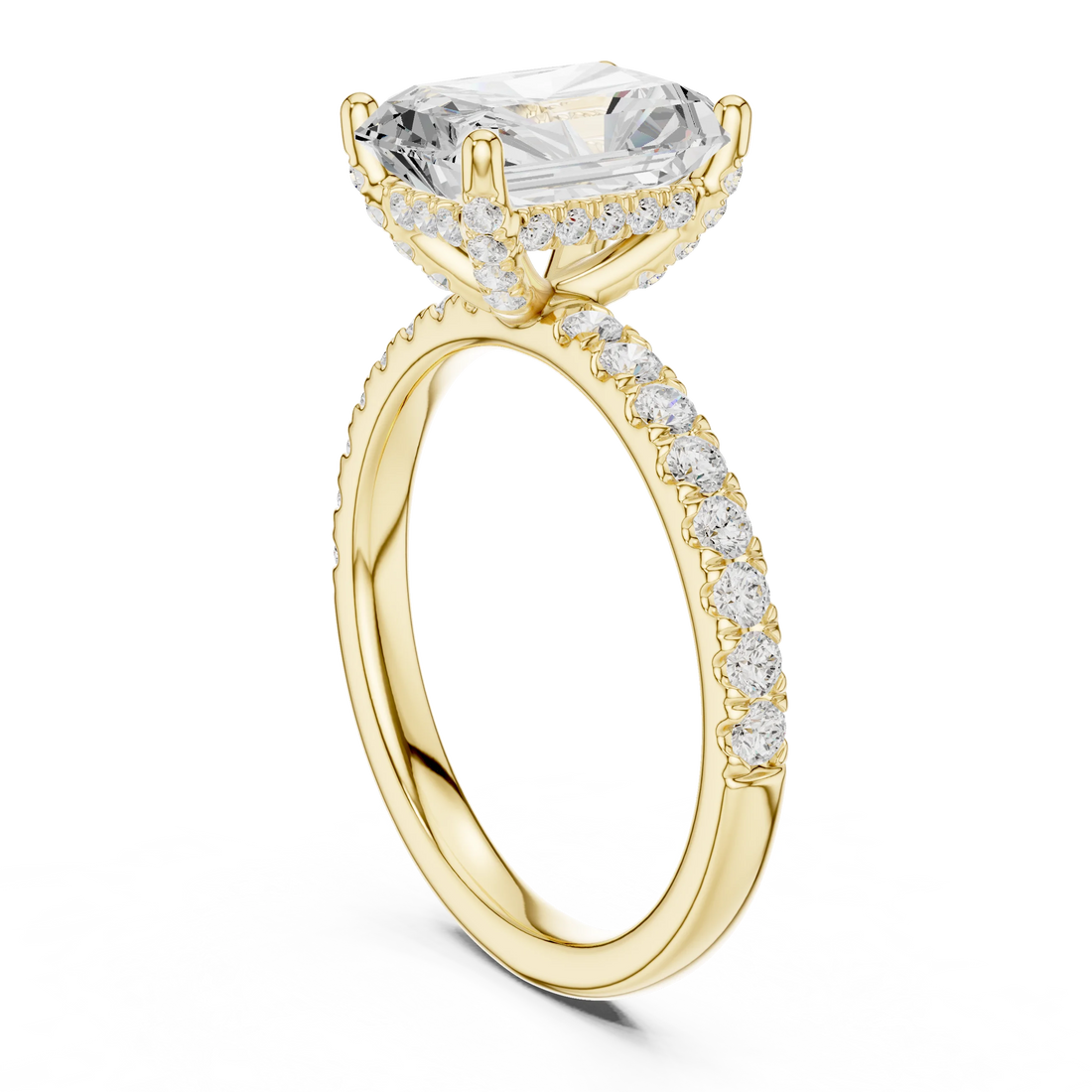 Back side view of yellow gold radiant solitaire ring with thin pave band and lab-grown diamond – Australia