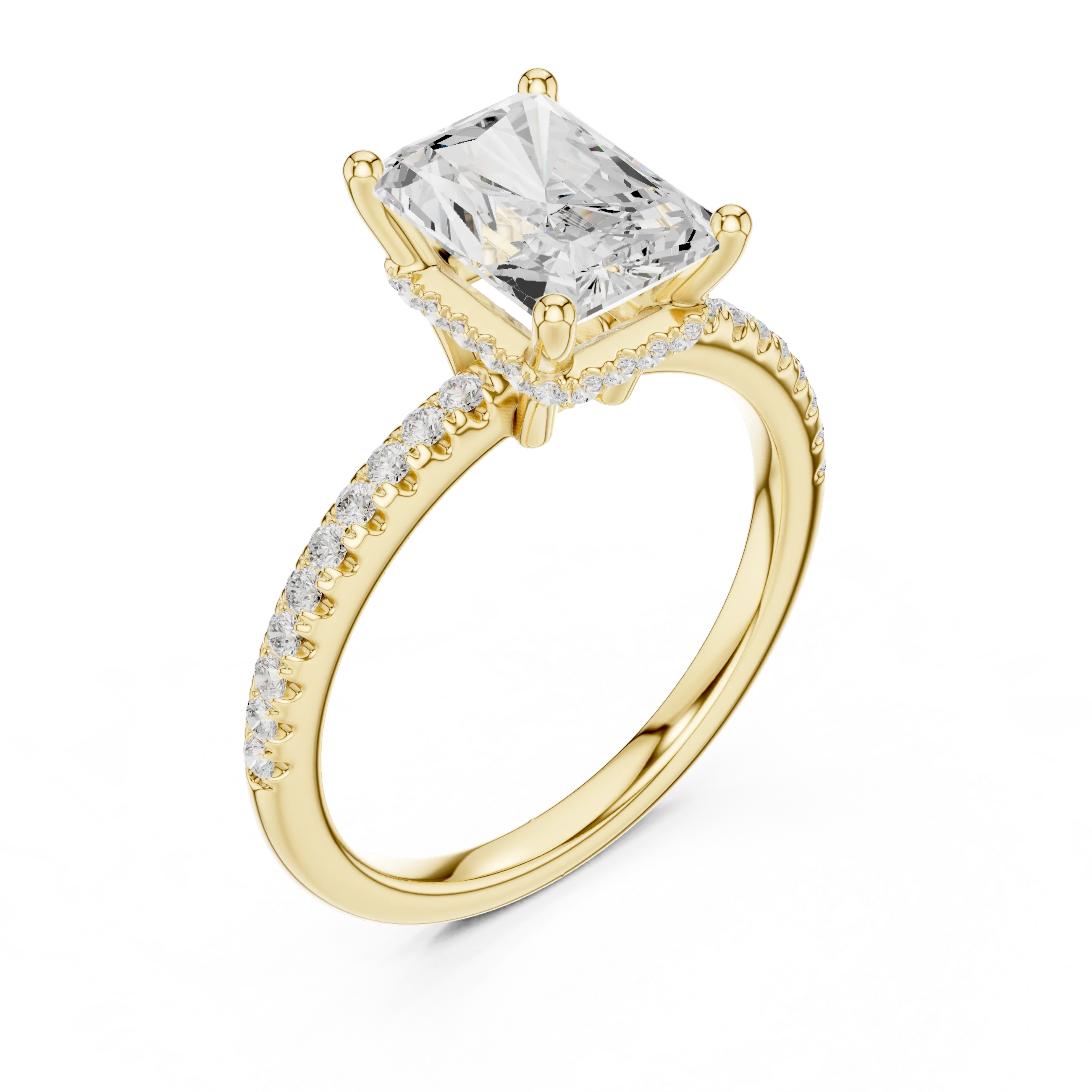 Front view of yellow gold radiant solitaire ring with thin pave band and lab-grown diamond – Australia