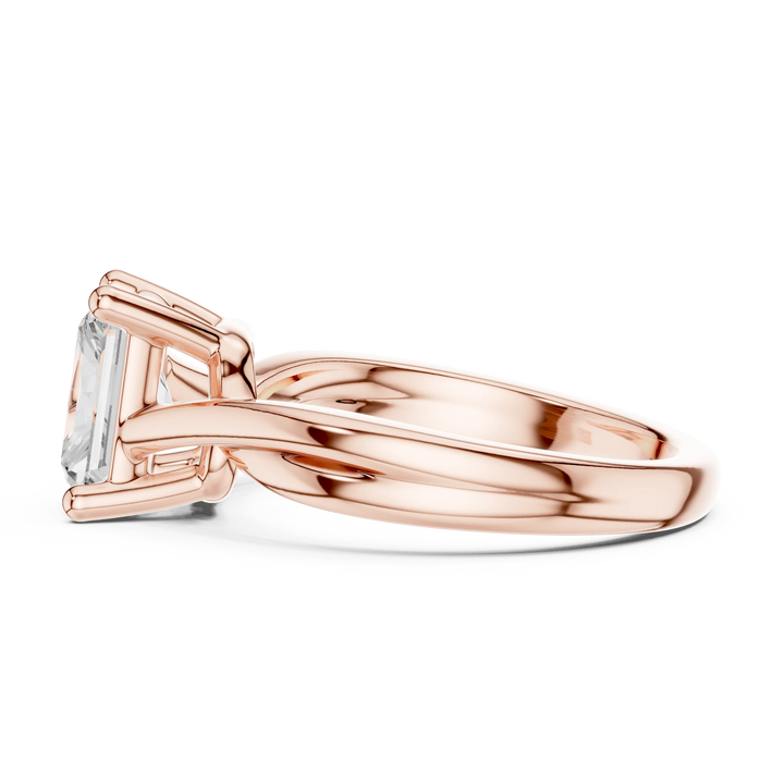 Side profile of rose gold radiant cut solitaire ring with twisted band and elevated center stone
