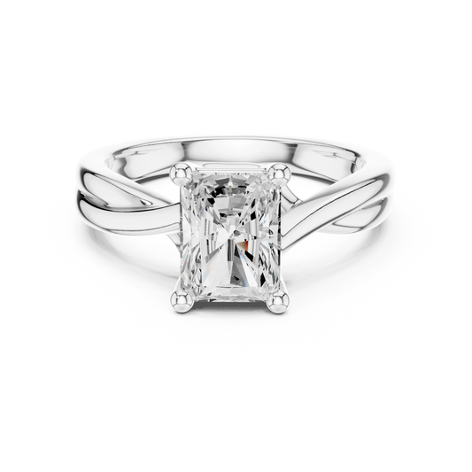 Lab-grown radiant cut solitaire ring in white gold with twisted band design