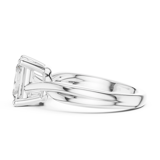 Side view of white gold radiant cut solitaire ring with twisted band and raised setting