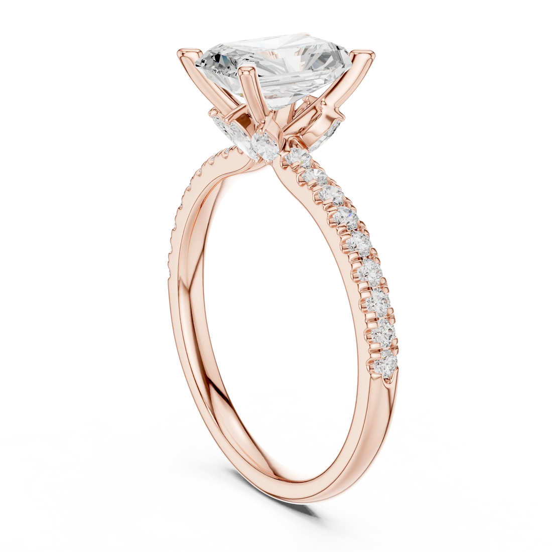 Back view of rose gold radiant solitaire ring with pave diamond band and lab-grown diamond – Australia