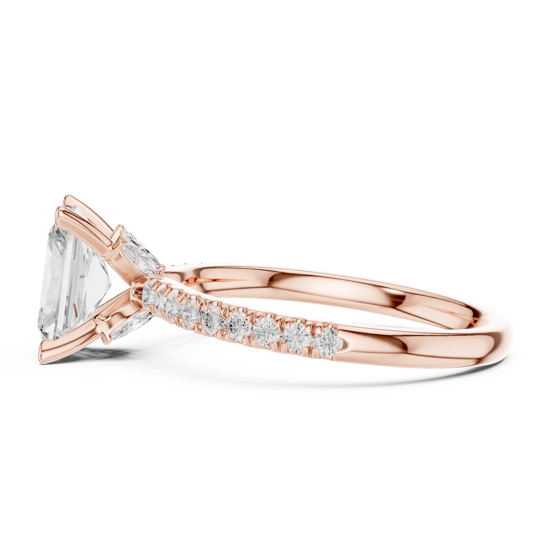 Side view of rose gold radiant solitaire ring with pave diamond band and lab-grown diamond – Australia