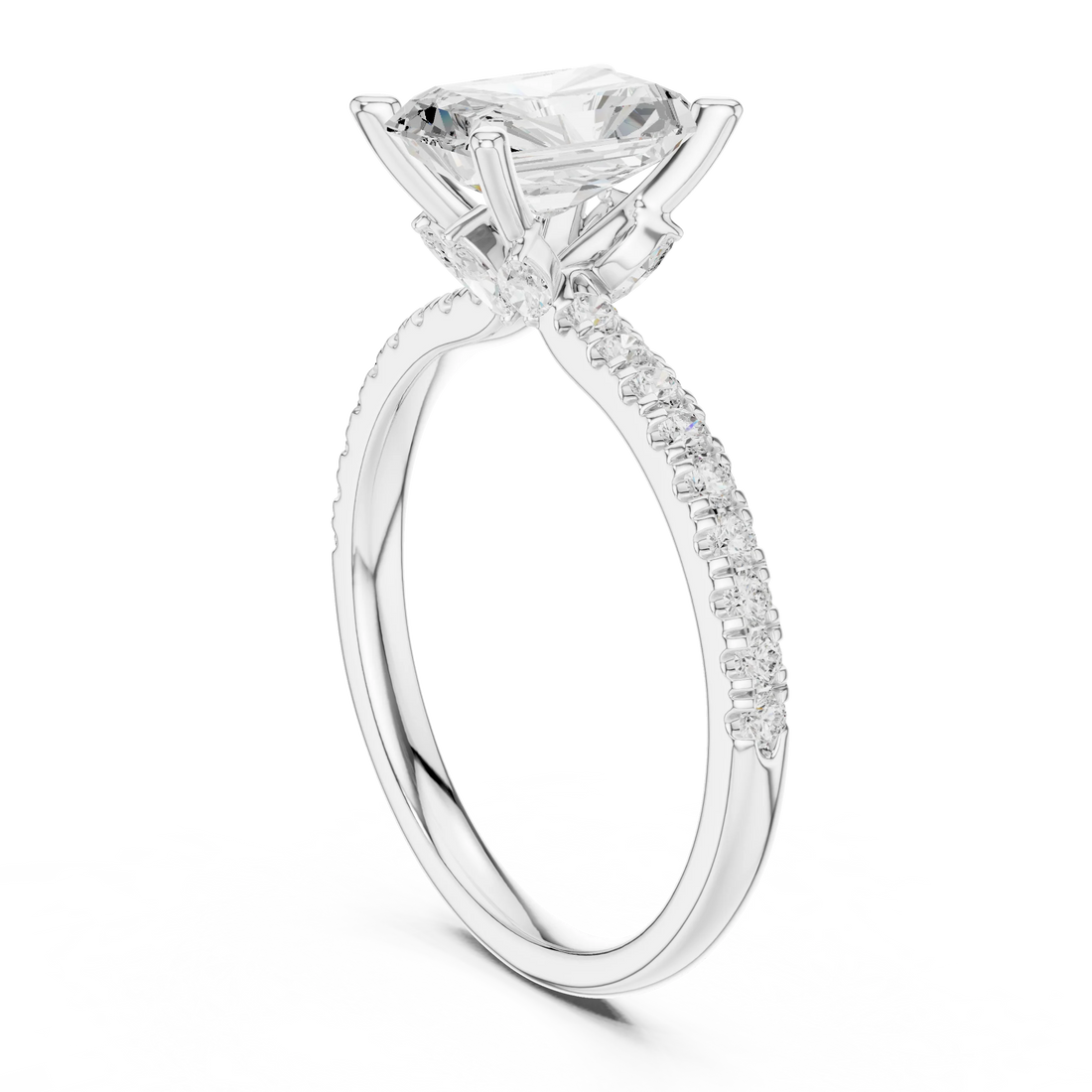 Back view of white gold radiant solitaire ring with pave diamond band and lab-grown diamond – Australia