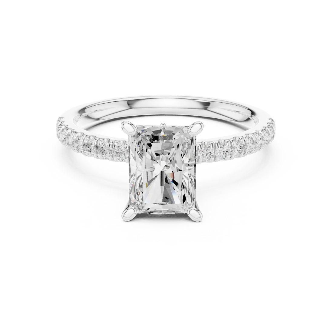 Radiant solitaire ring in white gold with pave diamond band and lab-grown diamond – Australia
