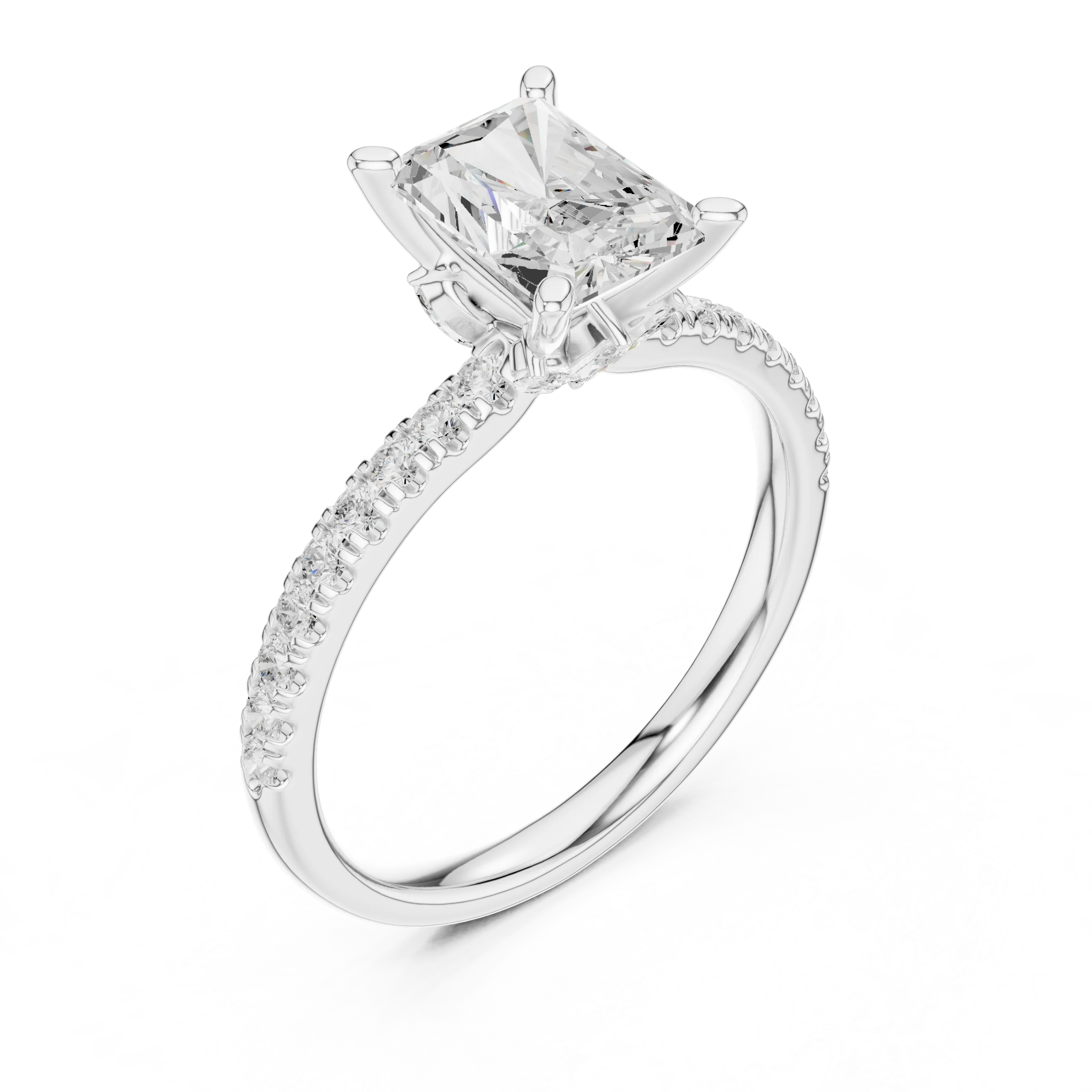 Front view of white gold radiant solitaire ring with pave diamond band and lab-grown diamond – Australia