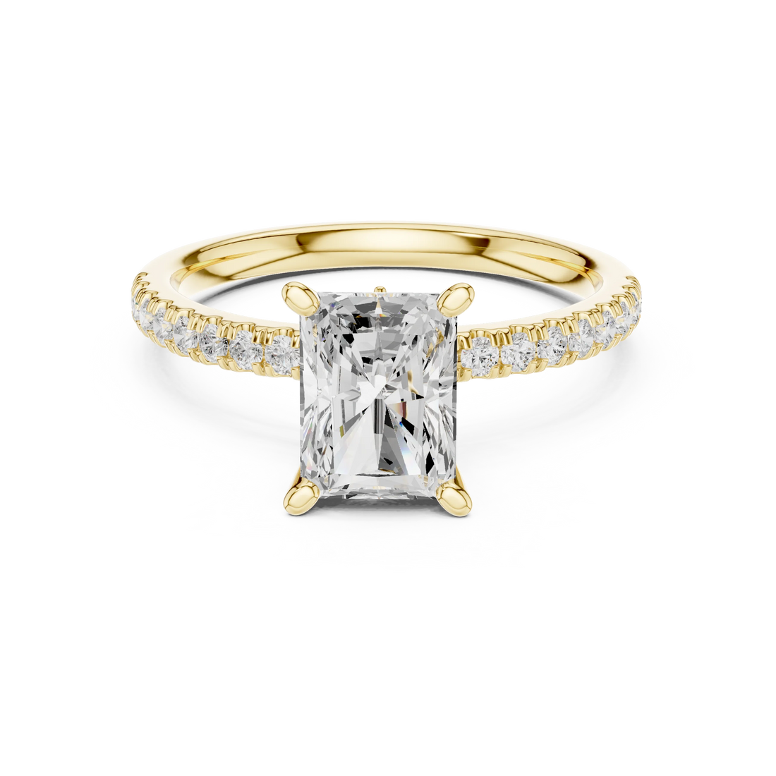Radiant solitaire ring in yellow gold with pave diamond band and lab-grown diamond – Australia