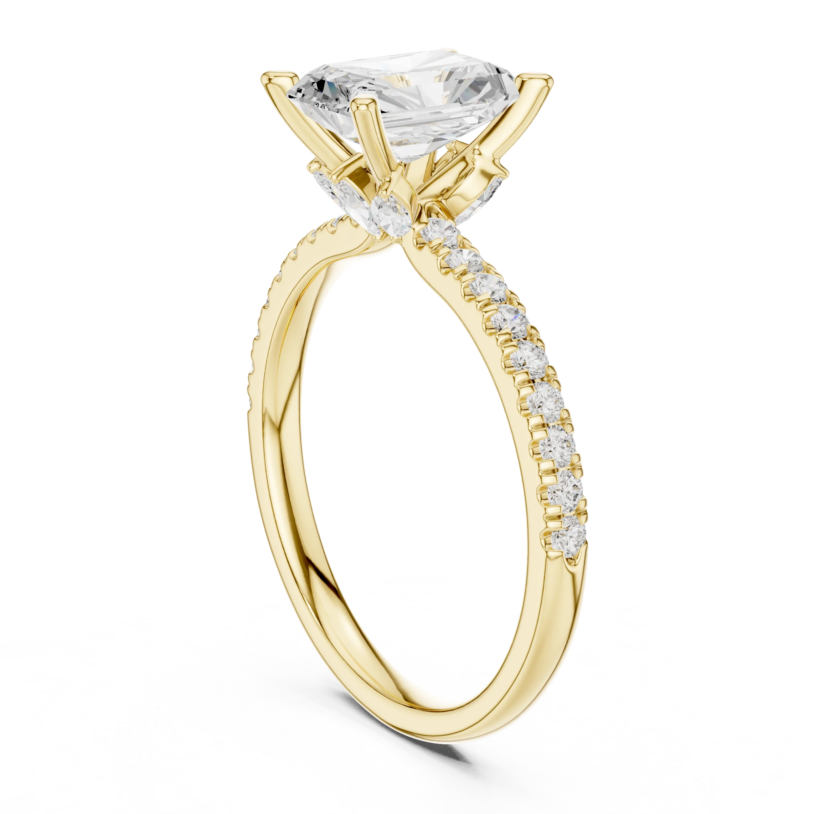 Back view of yellow gold radiant solitaire ring with pave diamond band and lab-grown diamond – Australia