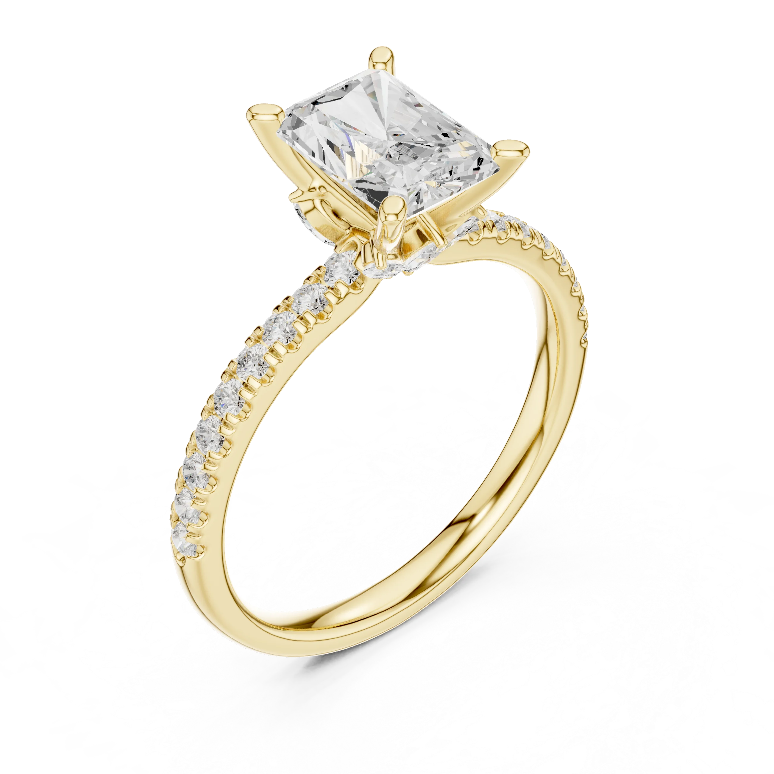 Front view of yellow gold radiant solitaire ring with pave diamond band and lab-grown diamond – Australia