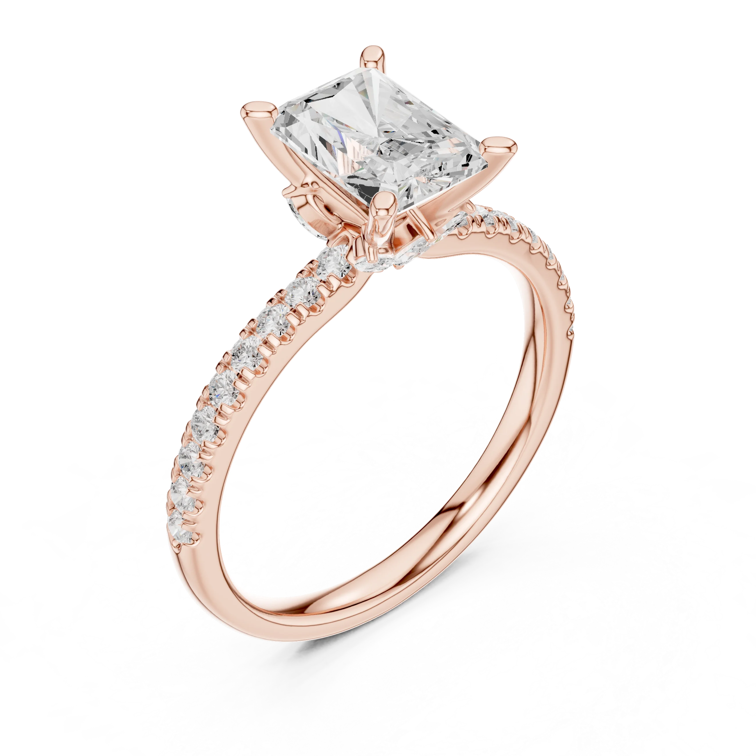 Front view of rose gold radiant solitaire ring with pave diamond band and lab-grown diamond – Australia